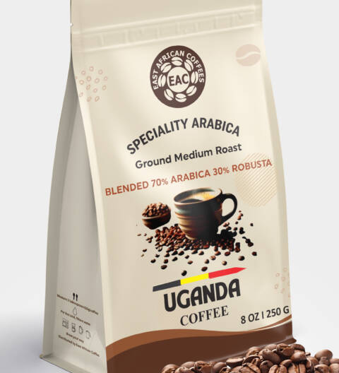 Uganda Blend, Ground Medium Roast Coffee, 70% Arabica 30% Robusta, 9 Oz